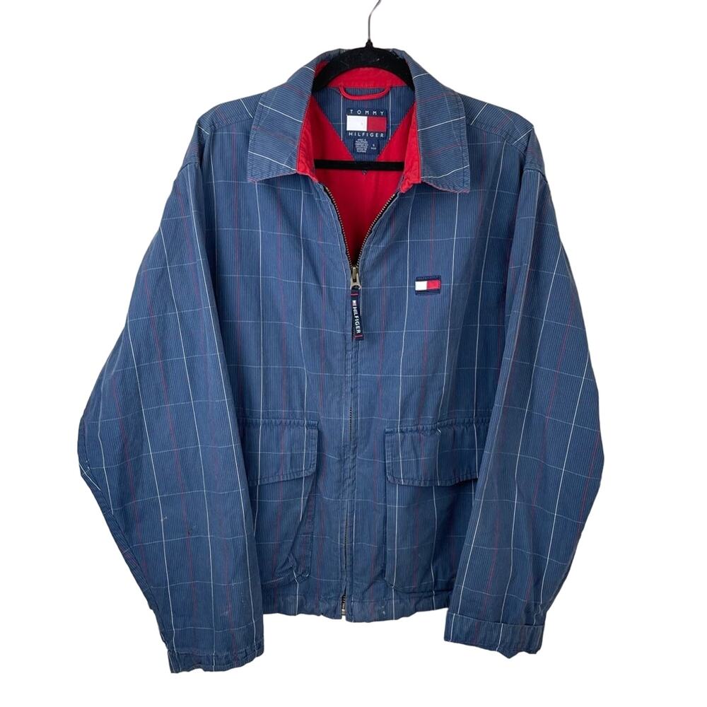 Tommy Hilfiger Vintage Zip Up Jacket Hooded Blue Red Plaid Lined Coat Size Small